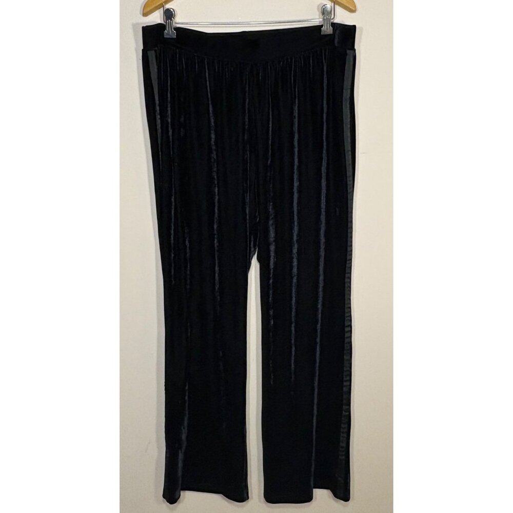 Serena Williams Black Velvet Pants 1X Wide-Leg Stretchy Lounge Side Trim Sweats